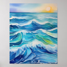 Aquarellmalerei auf blaue Meereswellen