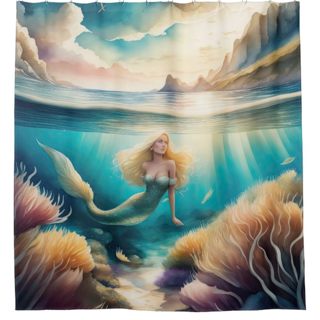Aquarellmalerei auf Blonde Mermaid Duschvorhang (Vorderseite)