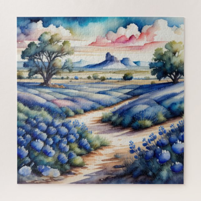 Aquarellmalerei auf Bluebonnet Landschaft Puzzle (Vertikal)