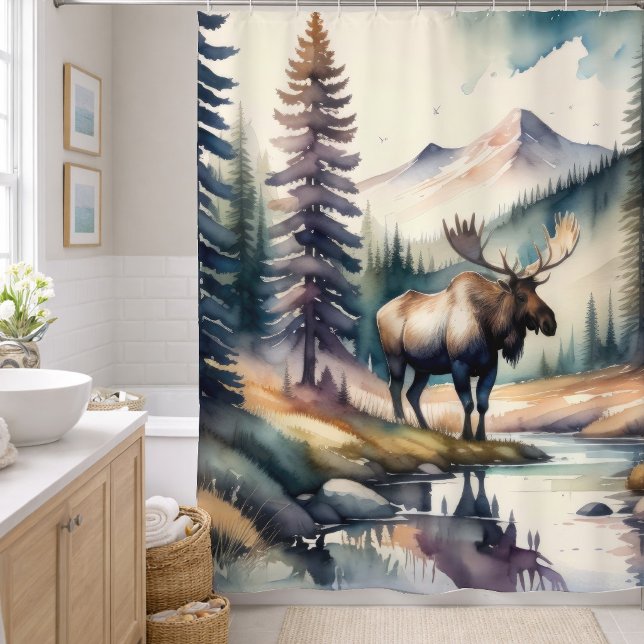 Aquarellmalerei auf Elche im Wald Duschvorhang (Von Creator hochgeladen)