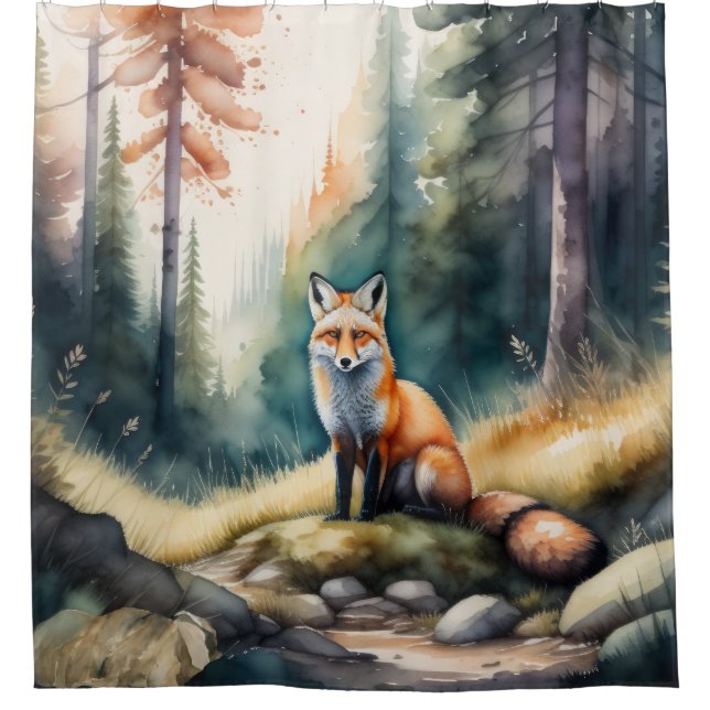 Aquarellmalerei auf Fox im Wald Duschvorhang (Vorderseite)