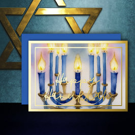 Aquarellmalerei auf Menorah Blaue weiße Kerzen Folien Feiertagskarte