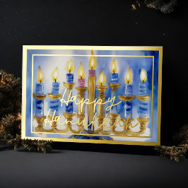 Aquarellmalerei auf Menorah Blaue weiße Kerzen Folien Feiertagskarte