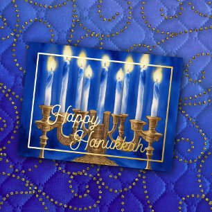 Aquarellmalerei auf Menorah Blaue weiße Kerzen Folien Feiertagskarte