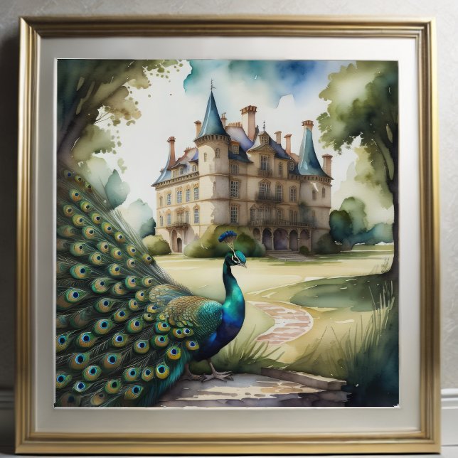 Aquarellmalerei auf Pfau und Schloss 1:1 Poster (Von Creator hochgeladen)