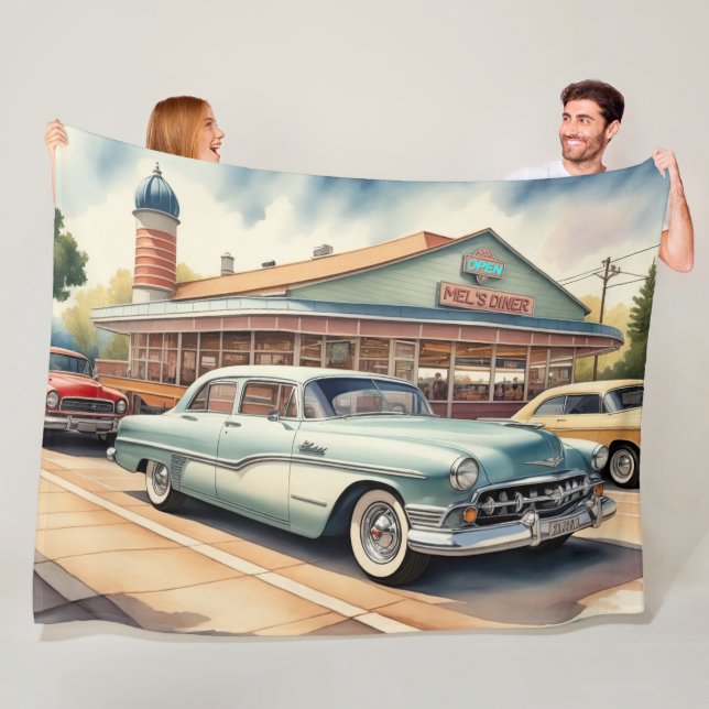 Aquarellmalerei auf Vintage Cars und Diner Fleecedecke (Beispiel)