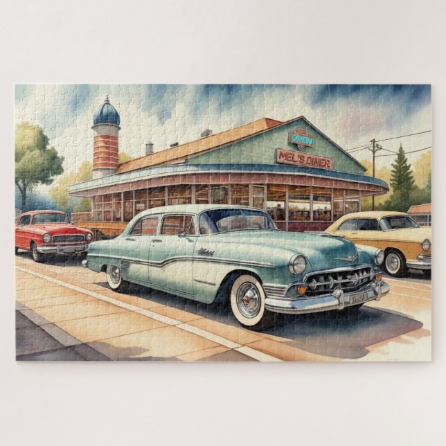 Aquarellmalerei auf Vintage Cars und Diner Puzzle (Horizontal)