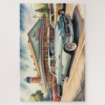 Aquarellmalerei auf Vintage Cars und Diner