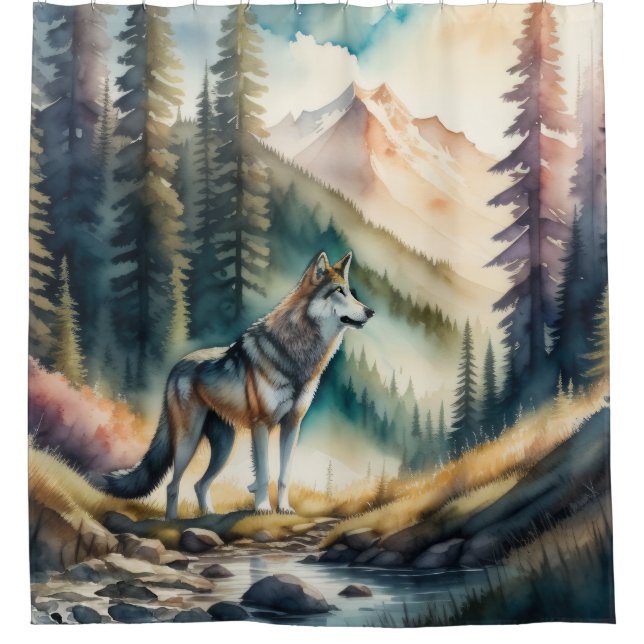 Aquarellmalerei auf Wolf im Wald Duschvorhang (Vorderseite)