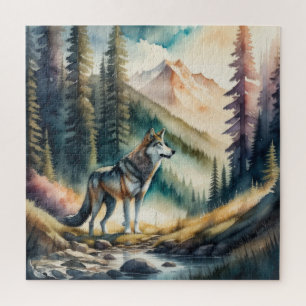 Aquarellmalerei auf Wolf im Wald Puzzle