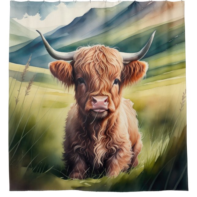 Aquarellmalerei Baby Highland Cow Sitzen Duschvorhang (Vorderseite)