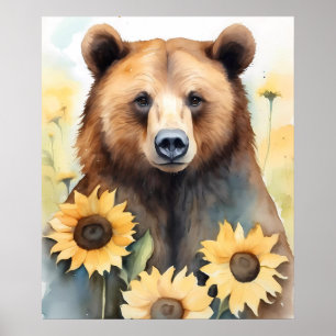 Aquarellmalerei Braunbär und Sonnenblumen Poster