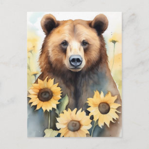 Aquarellmalerei Braunbär und Sonnenblumen Postkarte