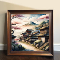 Aquarellmalerei des antiken japanischen Dorfes