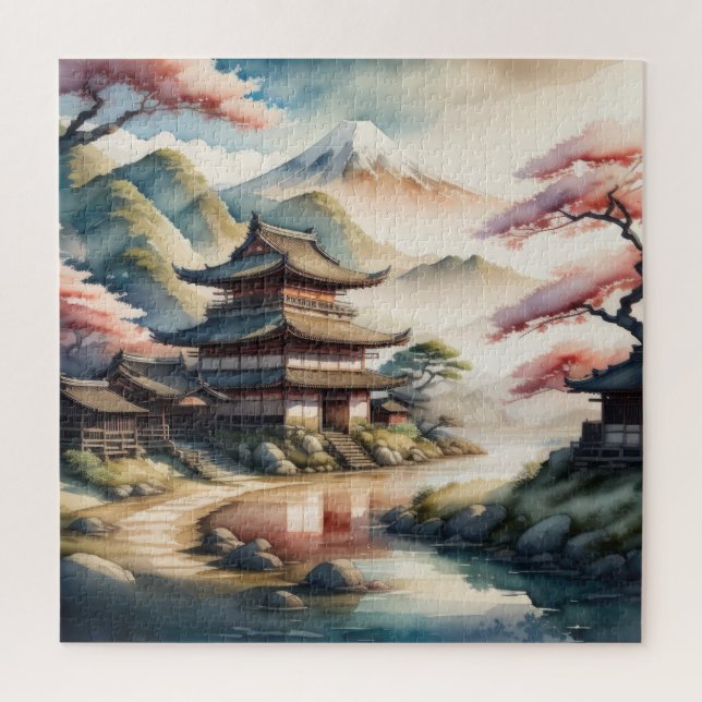 Aquarellmalerei des antiken japanischen Dorfes Puzzle (Vertikal)