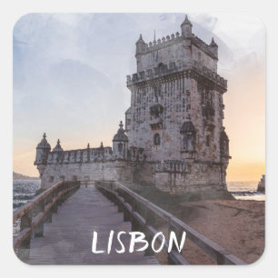 Aquarellmalerei des Turms von Belem bei Sonnenunte Quadratischer Aufkleber