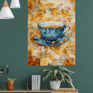 Aquarellmalerei einer blauen Porzellantasse Poster