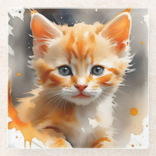 Aquarellmalerei einer niedlichen Orangenkatze Glasuntersetzer