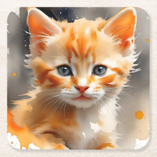 Aquarellmalerei einer niedlichen Orangenkatze Rechteckiger Pappuntersetzer