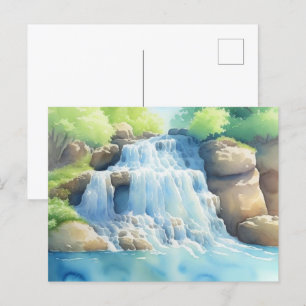 Aquarellmalerei eines kaskadenförmigen Wasserfalls Postkarte