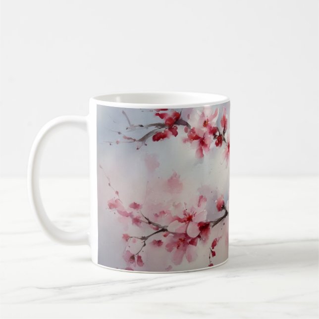 Aquarellmalerei eines Kirschblütenzweiges. Kaffeetasse (Links)