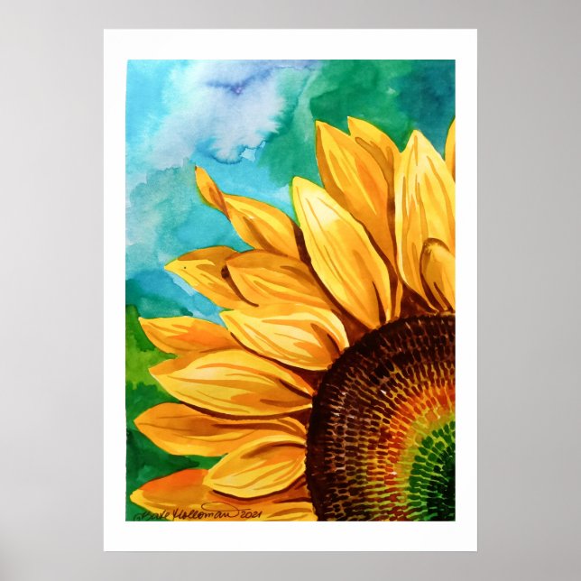 Aquarellmalerei eines Kunstdrucks von Sonnenblumen Poster (Vorne)