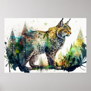 Aquarellmalerei eines Luchs-Waldes AI Natur Poster