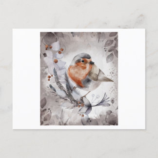 Aquarellmalerei eines Robin Bird mit einer Blume Postkarte