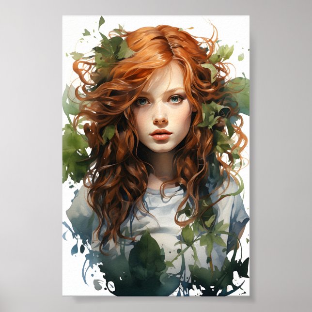 Aquarellmalerei eines rot-haarigen Mädchens Poster (Vorne)