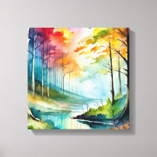 Aquarellmalerei eines Waldes und Flusses Leinwanddruck