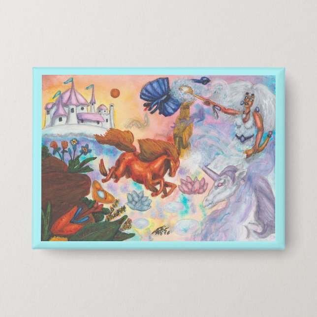 Aquarellmalerei Einhorn Opal Fee Drache Feuer Button (Vorderseite)