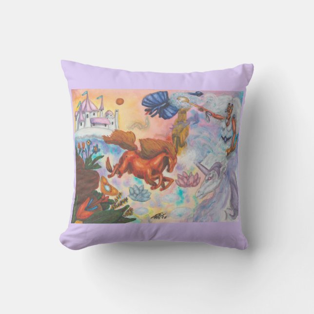 Aquarellmalerei Einhorn Opal Fee Drache Feuer Kissen (Vorderseite)