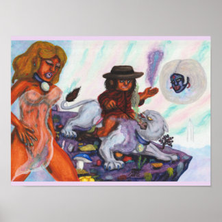 Aquarellmalerei Eros reitet auf der Löwin Aurora L Poster