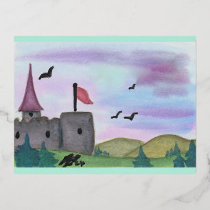 Aquarellmalerei Fantasy Festung Burg Alter Folien Feiertagspostkarte