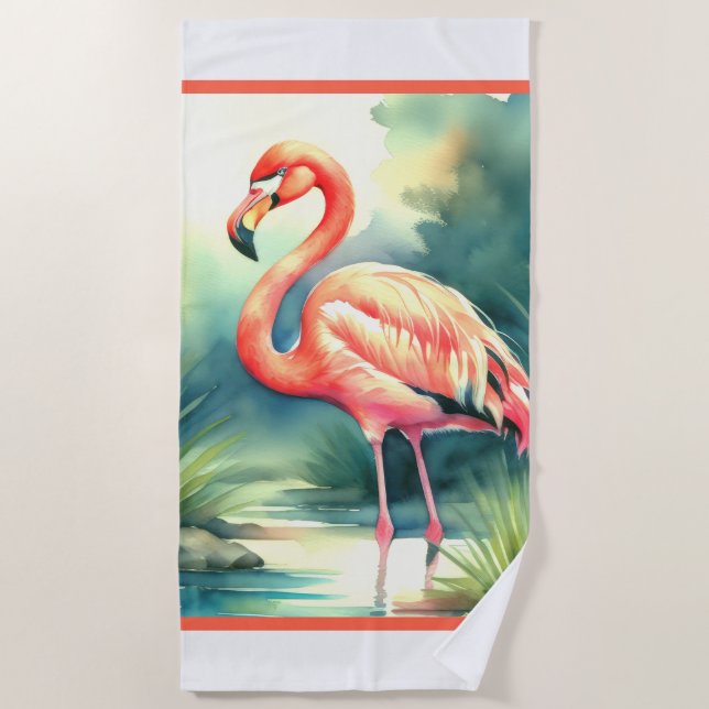 Aquarellmalerei Flamingo Strandtuch (Vorderseite)