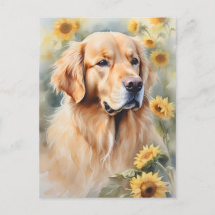 Aquarellmalerei Goldener Retriever und Sonnenblume Postkarte