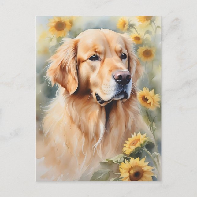 Aquarellmalerei Goldener Retriever und Sonnenblume Postkarte (Vorderseite)