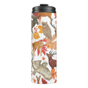 Aquarellmalerei Herbstwaldhintergrund mit Thermosbecher