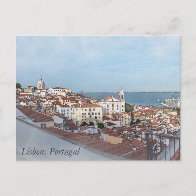 Aquarellmalerei im Bezirk Alfama in Lissabon Postkarte (Vorderseite)
