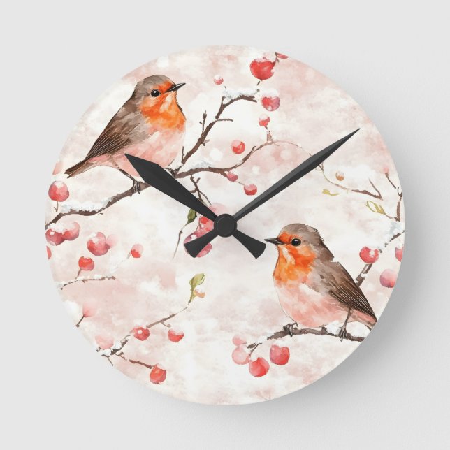 Aquarellmalerei im Schneewald & Berries Runde Wanduhr (Vorderseite)