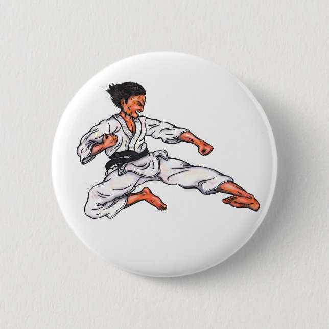 Aquarellmalerei Karate Mann springen und kicken Button (Vorderseite)