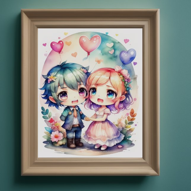 Aquarellmalerei Kawaii Chibi Male Weibliche Poster (Von Creator hochgeladen)