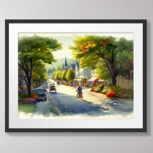Aquarellmalerei Kleinstadt Hauptstraße USA Poster