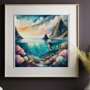 Aquarellmalerei mit Brünetter Meerjungfrau 1:1 Poster