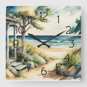 Aquarellmalerei mit Meerblick Vorderseite Quadratische Wanduhr
