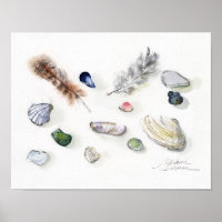 Aquarellmalerei mit Muscheln, Kieselsteinen und Fe
