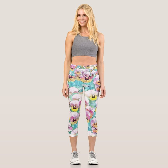 Aquarellmalerei mit rosa-gelblich-weißen Stiefmütt Capri Leggings (Vorderseite)