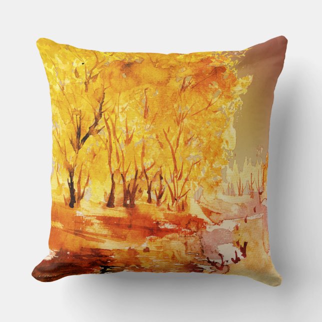 Aquarellmalerei mit roten Orangen Blätter im Herbs Kissen (Vorderseite)
