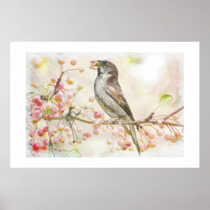 Aquarellmalerei mit Sparrow Eating Berries Poster