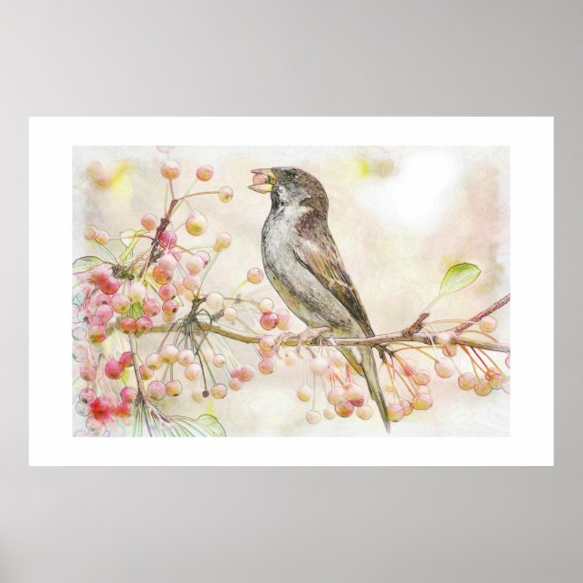 Aquarellmalerei mit Sparrow Eating Berries Poster (Vorne)
